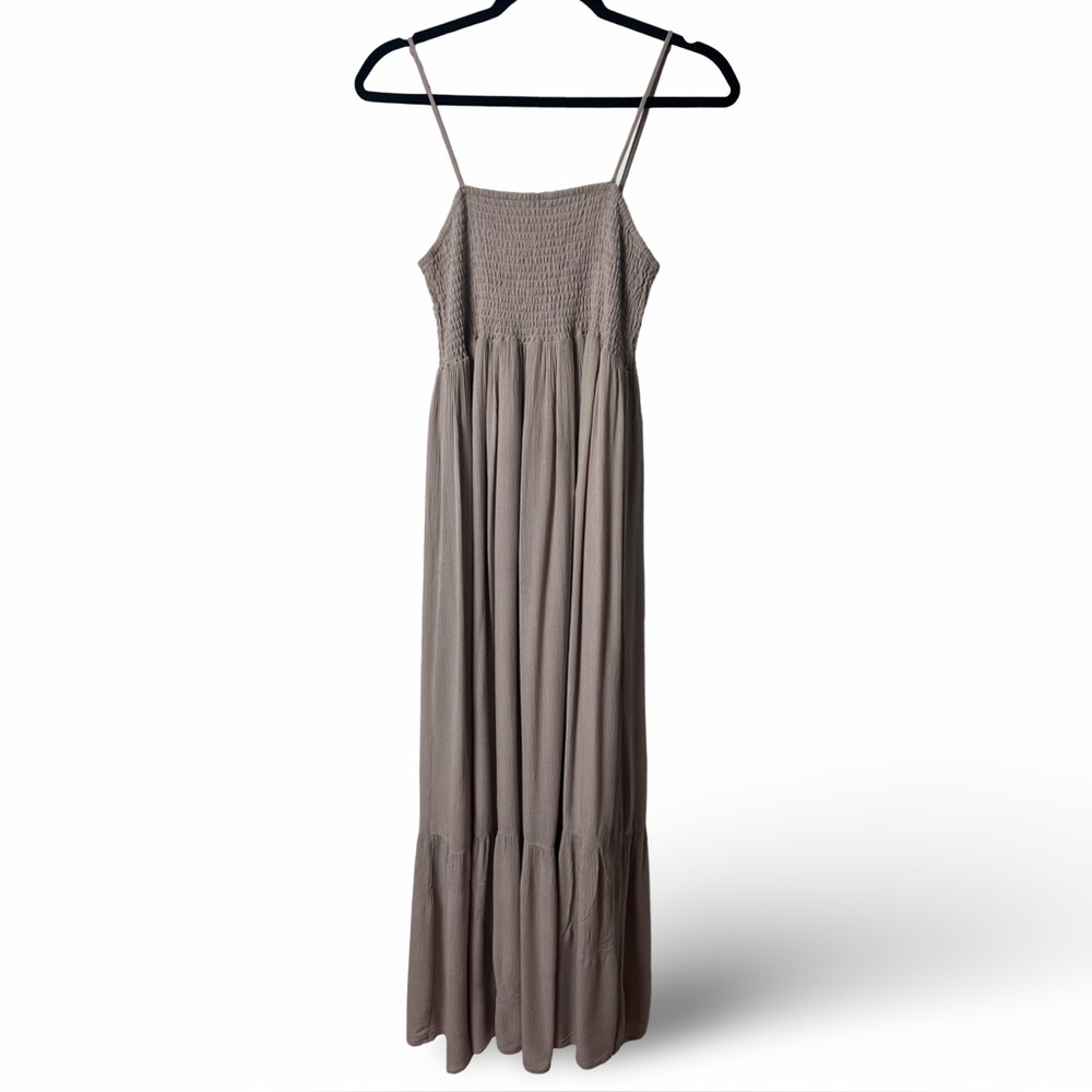 Eden & Olivia – Women's Taupe Smocked Maxi Dress with Adjustable Straps – Sz. L